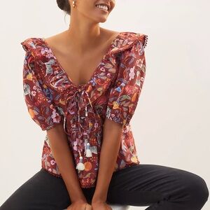 Anthropologie Maeve Ruffled Tie-Front Blouse